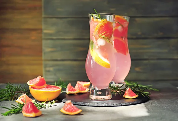 Fresh Grapefruit Cocktail Rosemary Glasses Grey Table — Stock Photo, Image