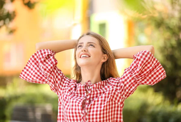 Happy Young Woman Resting Sunny Day Outdoors — Stock Photo, Image