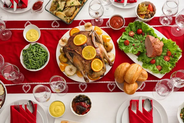 Conjunto Mesa Para Cena Navidad Vista Superior — Foto de Stock