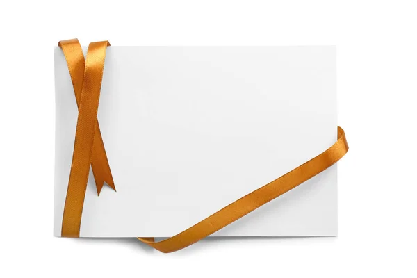 Blank Sheet Paper Golden Ribbon White Background — Stock Photo, Image