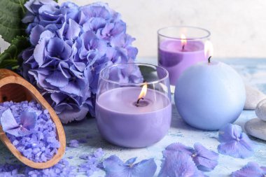 Ortanca çiçek ve renk tablosu üzerinde yanan mumlar Spa kompozisyonu