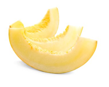 Beyaz arka plan üzerinde olgunlaşmış kavun dilimleri