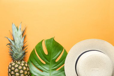 Taze monstera yaprak, ananas ve renk arka plan üzerinde şapka