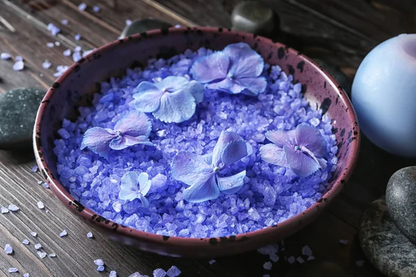 Plate Sea Salt Hydrangea Flowers Wooden Table — Stock Photo, Image