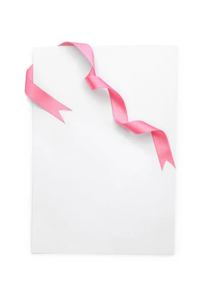 Paper Card Pink Ribbon White Background — Stock Photo, Image