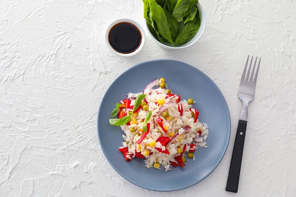 Plate Tasty Boiled Rice Vegetables White Table — Stock Photo, Image