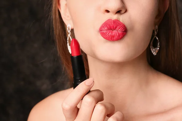 Beautiful Young Woman Bright Red Lipstick Dark Background Closeup — Stock Photo, Image