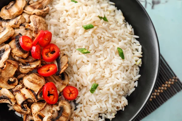 Tasty Boiled Rice Vegetables Mushrooms Plate Closeup — Stock Photo, Image