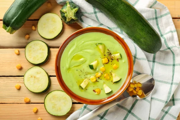 Bowl Delicious Zucchini Soup Wooden Table — Stock Photo, Image