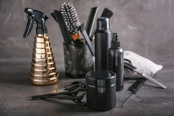 Professional Hairdresser Set Cosmetics Grey Table — Stock Photo, Image