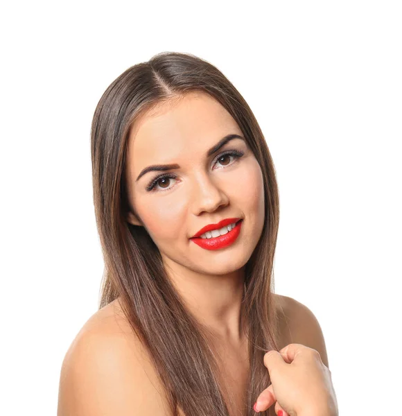 Schöne Junge Frau Mit Rotem Lippenstift Auf Weißem Hintergrund — Stockfoto