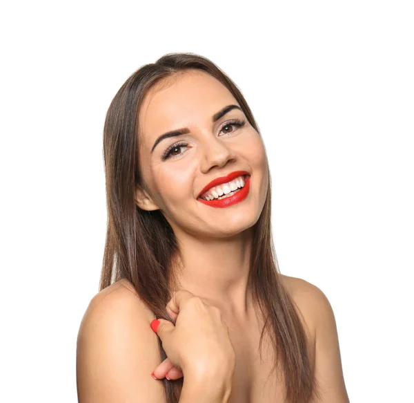 Mulher Bonita Com Batom Vermelho Fundo Branco — Fotografia de Stock