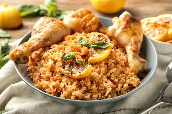 Tasty Boiled Rice Chicken Drumsticks Bowl Table — Stock Photo, Image