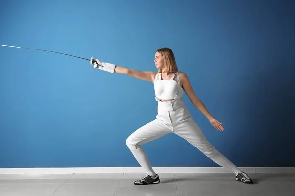 Young Female Fencer Color Wall — Stock Photo, Image