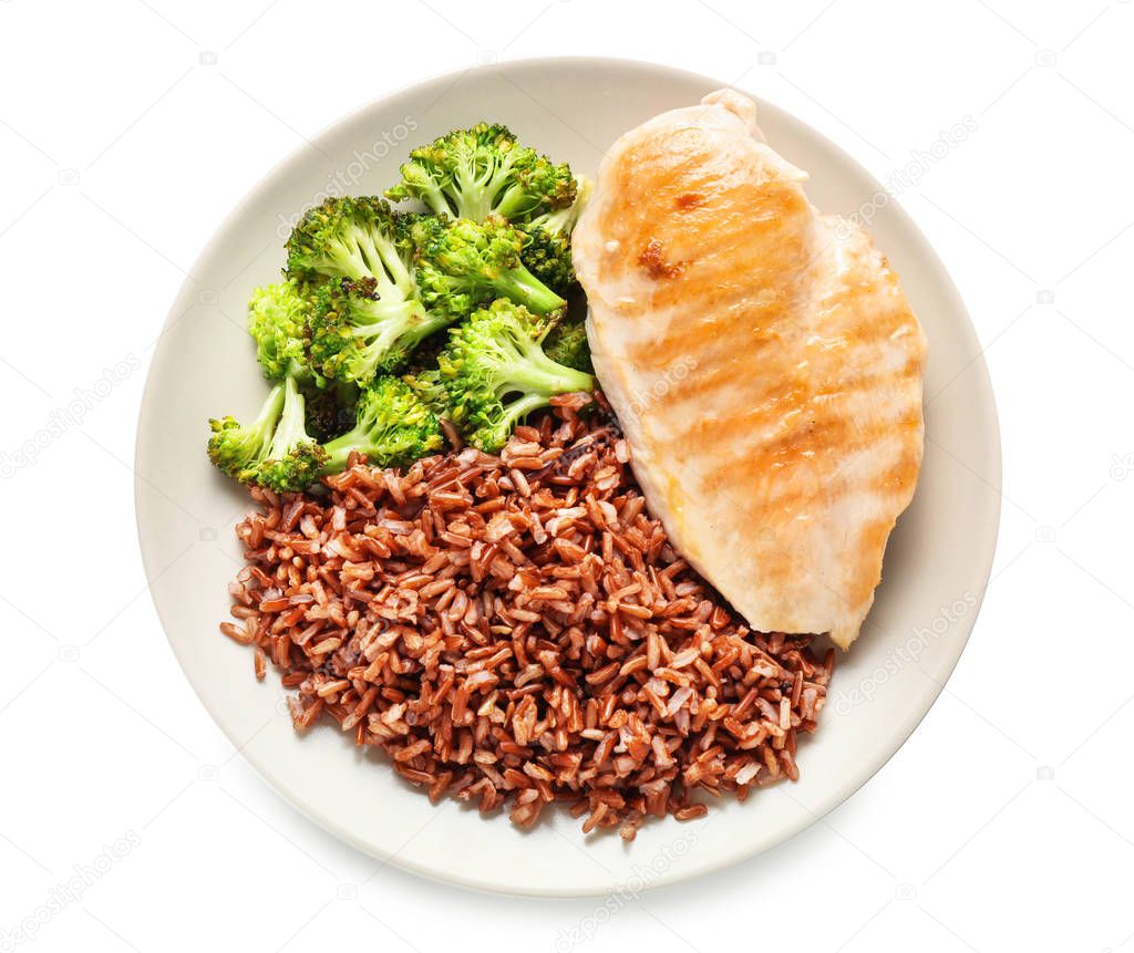 Tasty boiled red rice with meat and broccoli on plate, isolated on white