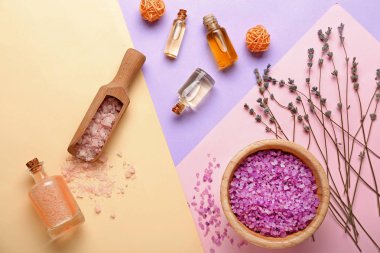 Renk arka plan üzerinde deniz tuzu ile güzel spa kompozisyon