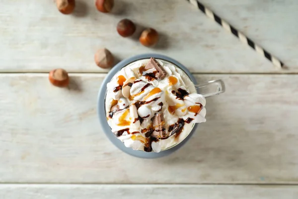 Tazza Delizioso Cacao Con Marshmallow Sul Tavolo Legno — Foto Stock