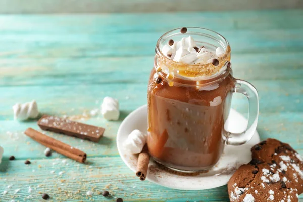 Mason Jar Delicious Cocoa Marshmallows Cookies Wooden Table — Stock Photo, Image