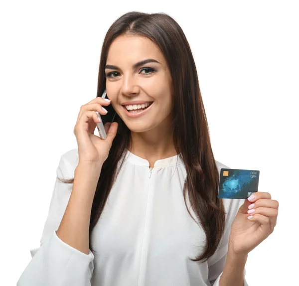 Young Woman Credit Card Talking Mobile Phone White Background Online — Stock Photo, Image