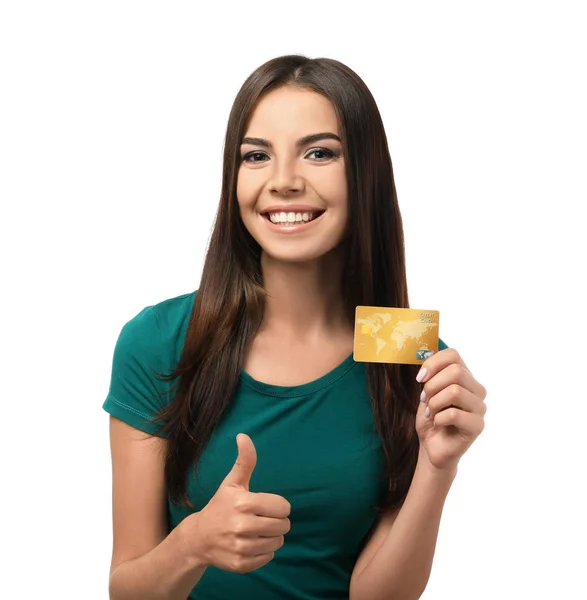 Jonge Vrouw Met Credit Card Gebaar Van Duim Omhoog Weergegeven — Stockfoto