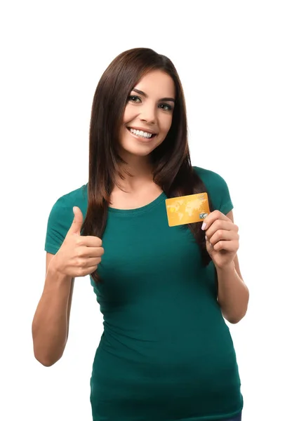 Young Woman Credit Card Showing Thumb Gesture White Background Online — Stock Photo, Image