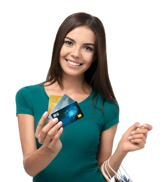 Mladá Žena Nákupní Tašky Kreditní Karty Bílém Pozadí — Stock fotografie