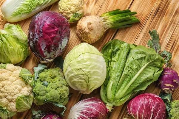 Different Types Cabbage Wooden Background — Stock Photo, Image