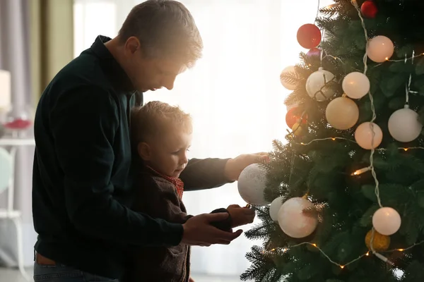 Father Son Decorating Beautiful Christmas Tree Home — Stock Photo, Image