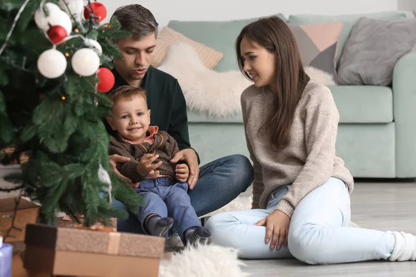 Happy Family Christmas Tree Home — Stock Photo, Image