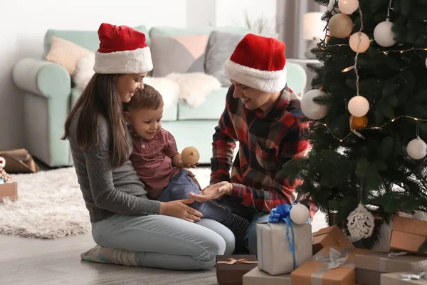 Happy Family Decorating Christmas Tree Home — Stock Photo, Image