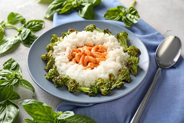 Plate Boiled Rice Broccoli Shrimps Grey Background — Stock Photo, Image