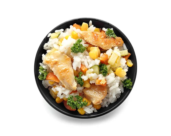 Bowl Tasty Boiled Rice Vegetables Meat White Background — Stock Photo, Image