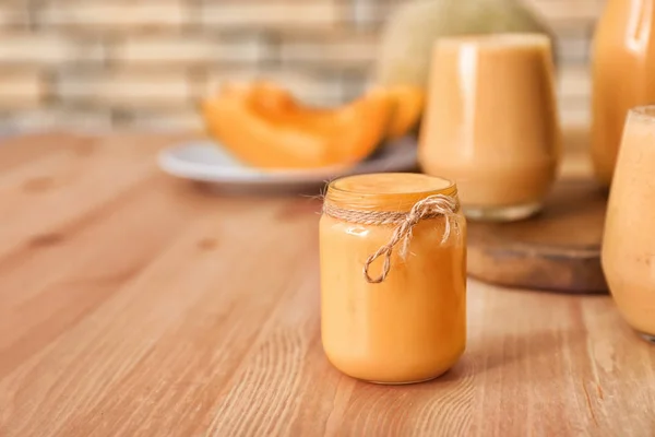 Jar Tasty Melon Smoothie Wooden Table — Stock Photo, Image