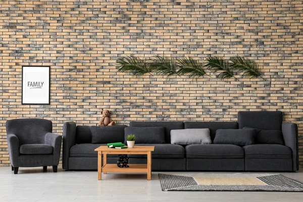 Modern Living Room Interior Comfortable Sofa Tropical Leaves Brick Wall — Stock Photo, Image