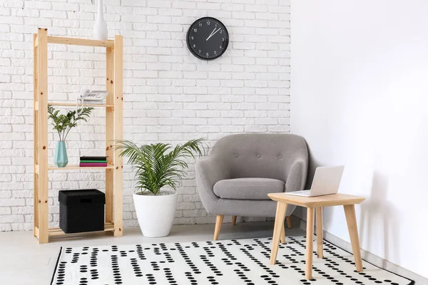 Modern Living Room Interior Comfortable Armchair Brick Wall — Stock Photo, Image
