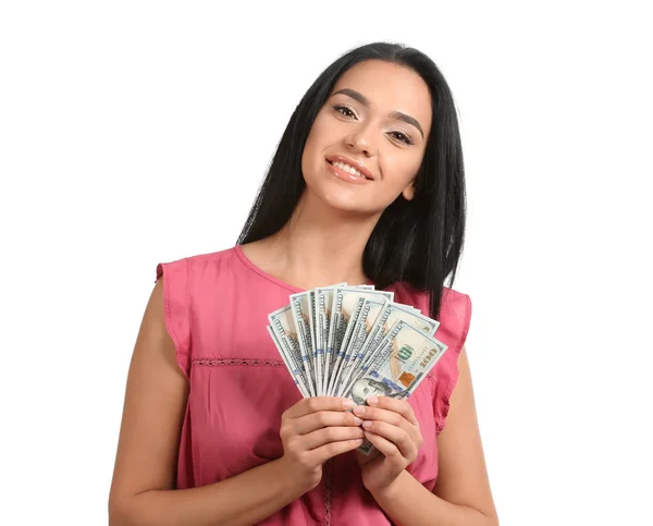 Beyaz Arka Plan Üzerinde Doları Banknot Olan Güzel Kadın — Stok fotoğraf