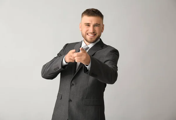 Handsome Businessman Pointing Viewer Grey Background — Stock Photo, Image