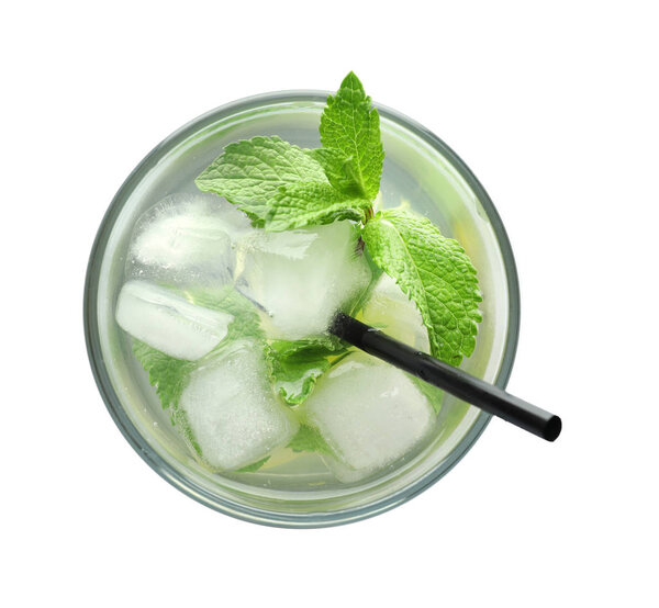 Glass of fresh mojito on white background