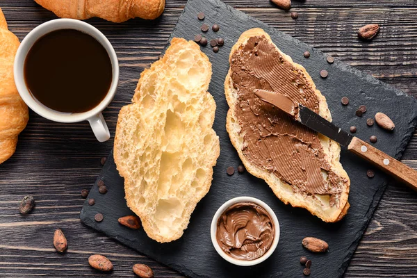 Tasty Croissants Chocolate Paste Cup Coffee Wooden Table — Stock Photo, Image