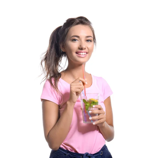 Young Woman Glass Fresh Lemonade White Background — Stock Photo, Image