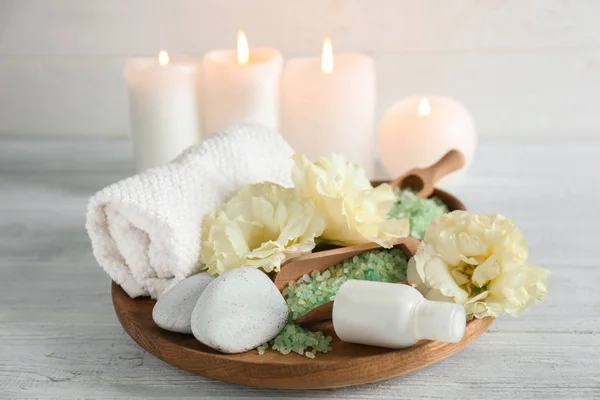 Wooden Tray Spa Treatments Light Table — Stock Photo, Image