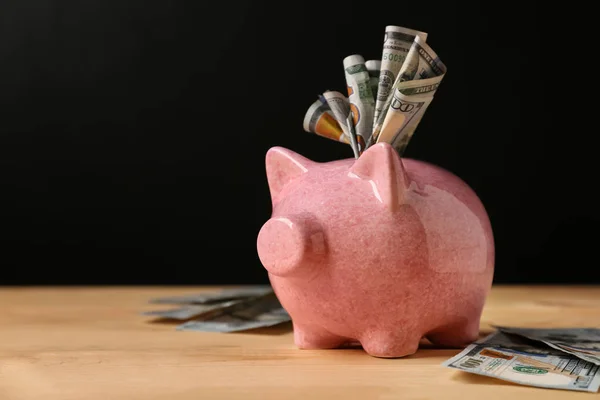 Cute Piggy Bank Money Wooden Table Dark Background — Stock Photo, Image