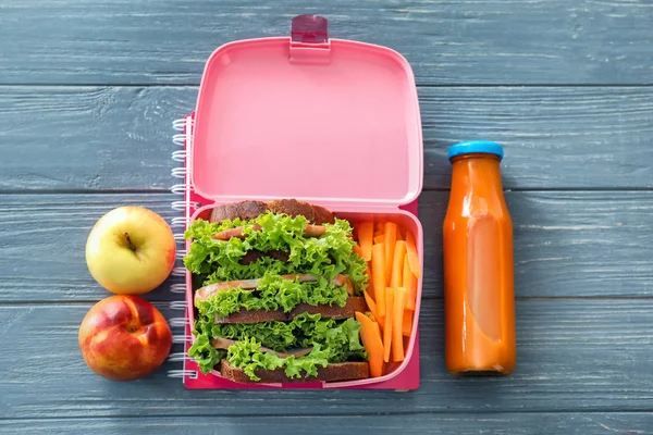 Lunch Box Appetizing Food Notebook Wooden Table — Stock Photo, Image