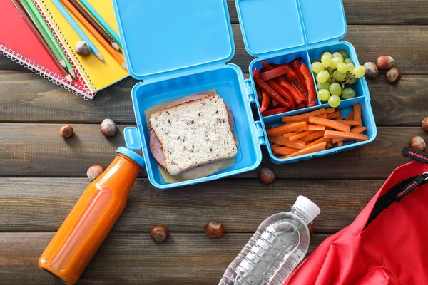 Lunch Box Appetizing Food Bottle Juice Wooden Table — Stock Photo, Image