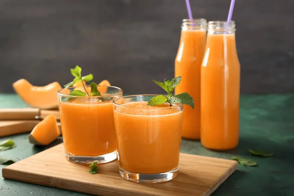 Glasses Bottles Tasty Melon Smoothie Table — Stock Photo, Image