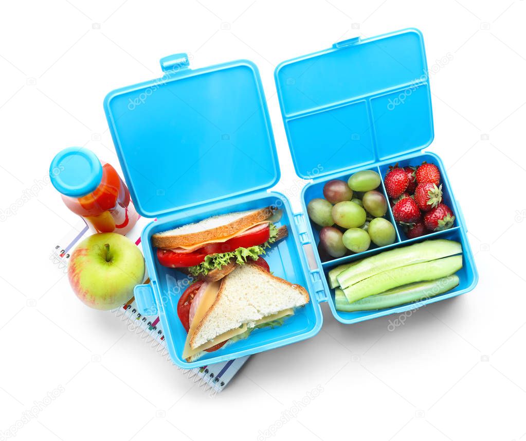 Lunch boxes with appetizing food and notebook on white background