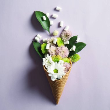 Güzel çiçekler ve hatmi renk arka plan üzerinde gözleme koni