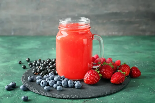 Mason Jar Tasty Red Smoothie Berries Slate Plate — Stock Photo, Image