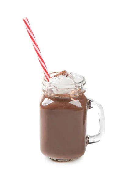 Tarro Mason Con Chocolate Caliente Malvaviscos Sobre Fondo Blanco — Foto de Stock