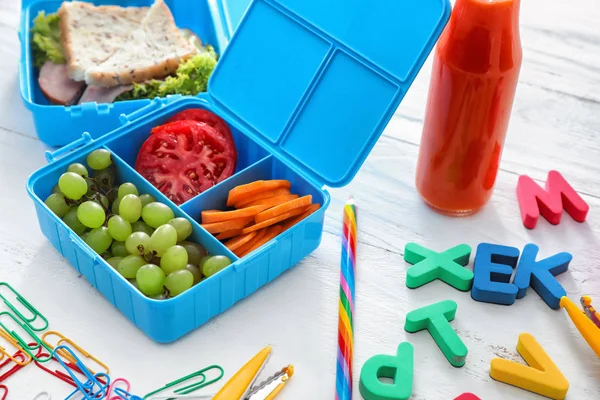 Lunch Boxes Appetizing Food Stationery White Wooden Table — Stock Photo, Image